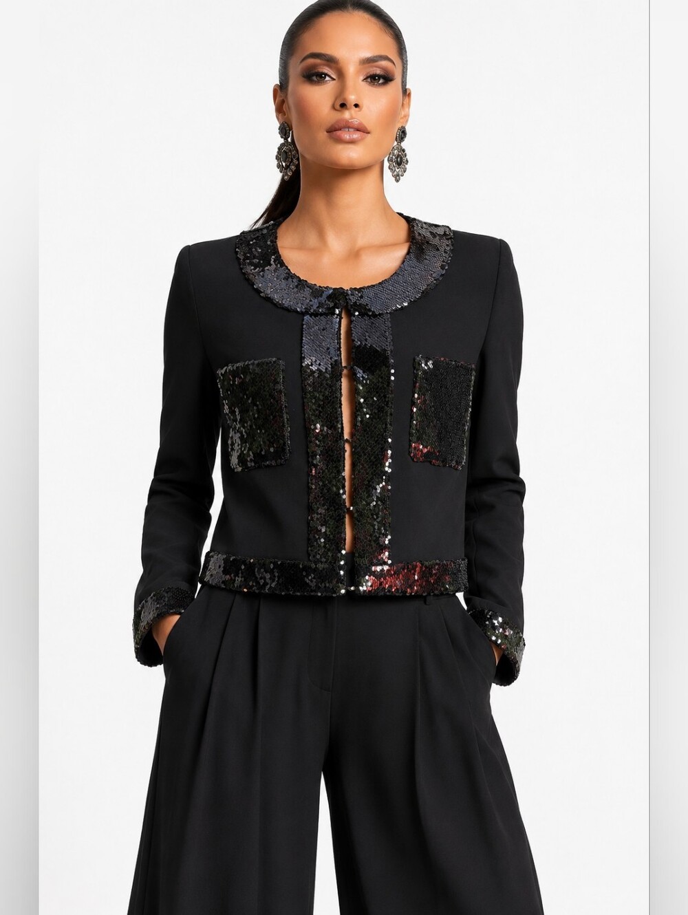 Cinq a Sept Black Sequin Embellished Evening Jacket Blazer Size 10 - Picture 6 of 16